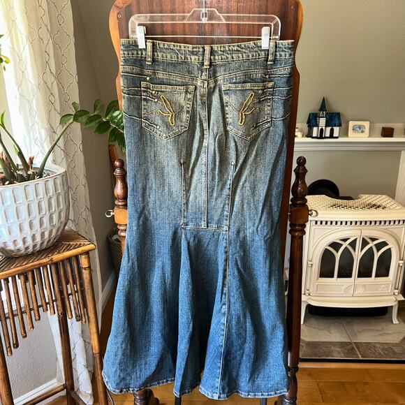 Vtg 90s BISOU BISOU Blue Faded Stretch Cotton Denim Mermaid Maxi Skirt 10 - Picture 5 of 11